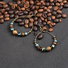 Bohemian crystal earrings for women Ethnic big circle round hollow tassel earring Vintage metal wooden beads earing jewelry gift