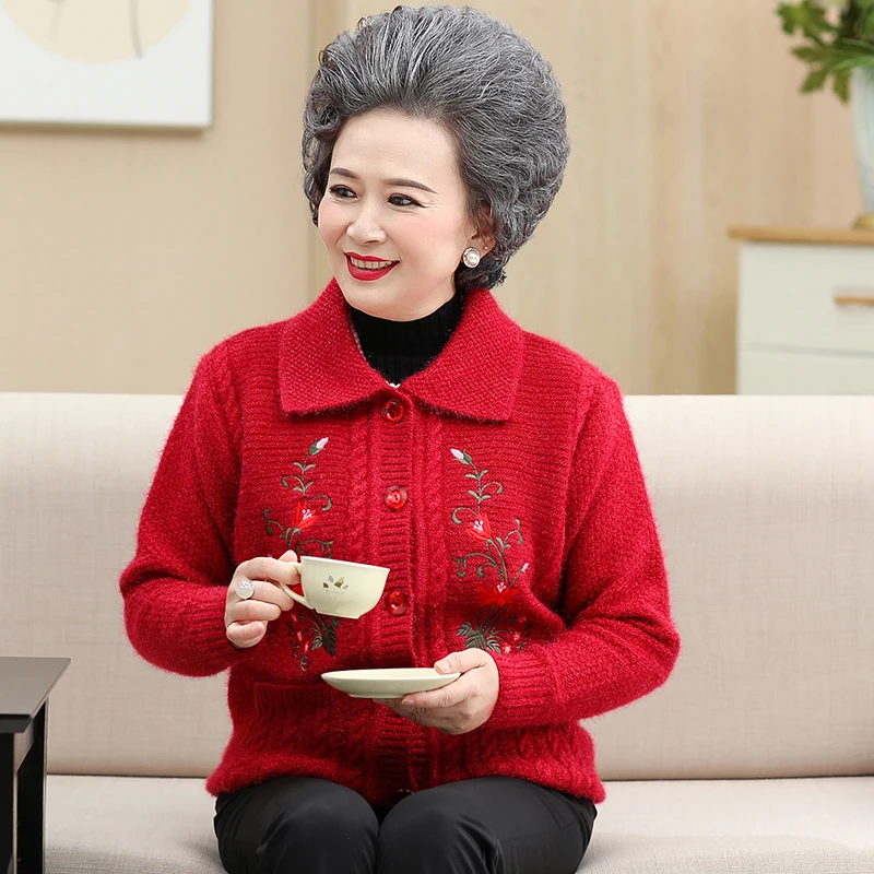 Knitted Cardigan Sweater Coats 2020 Winter Plus Velvet Thicken Elderly Women Knitwear Top Jacket Printed Grandma Clothes W1078 |
