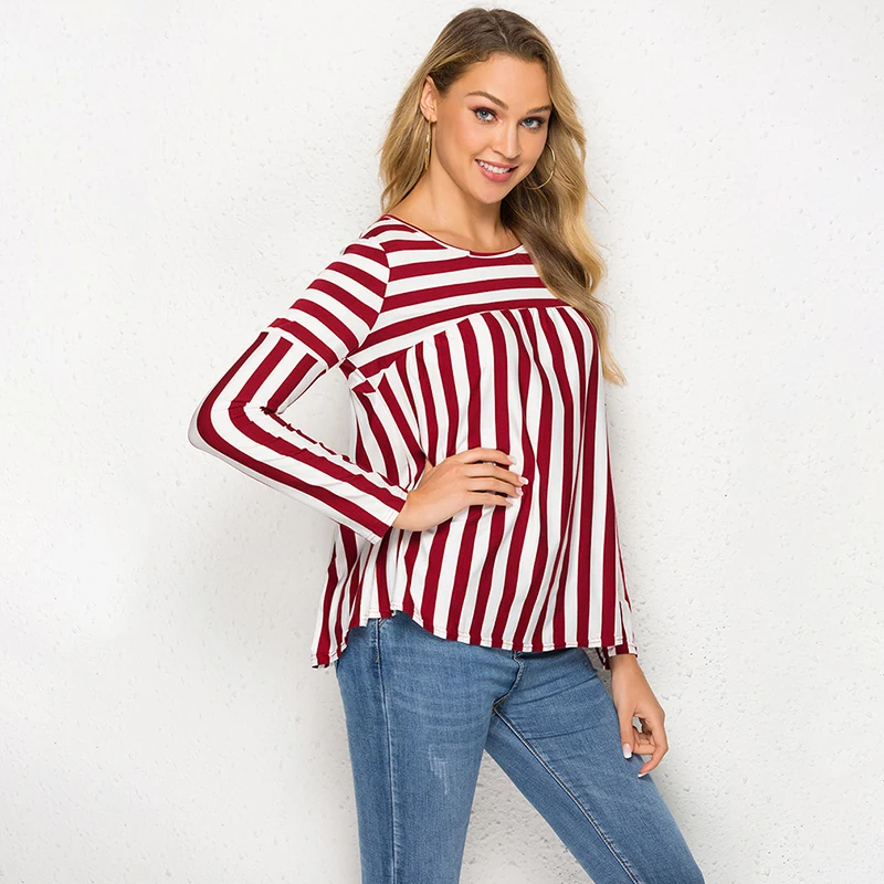 

Women t-shirt Spring Summer Loose Casual Stripe Long Sleeve t-shirt O-neck Ladies Elegant Female Clothing