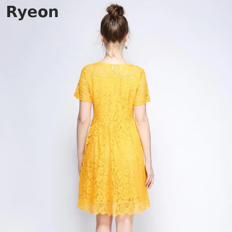 Ryeon l 5xl плюс размер лето желтый офис кружева женщин одевается о шея кружевом