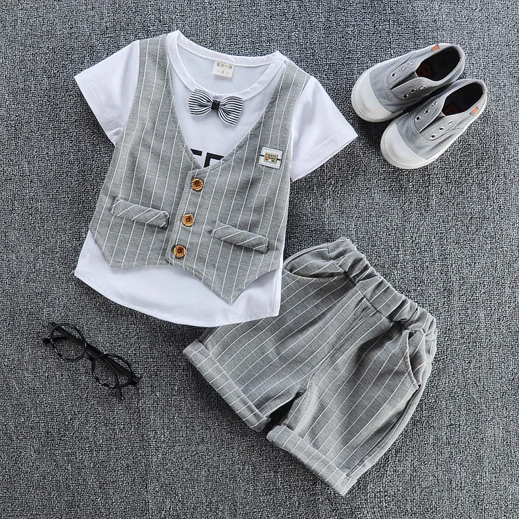bbyz 3 kou gray Детские тренировочные костюмы для маленьких мальчиков и девочек короткая футболка и шорты 2 шт./компл. летний детский костюм джентльмена с галстуком-бабочкой для бантом чистый одежда из хлопка - Цвет: bbyz 3 kou gray