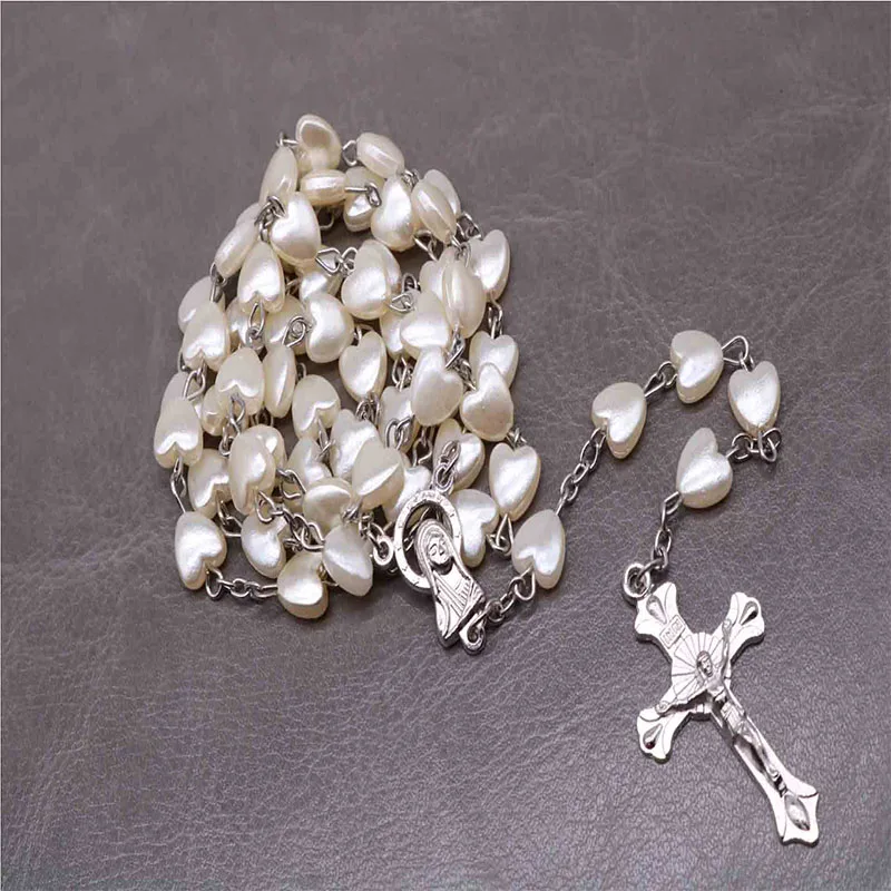 Католическое акриловое ожерелье с четками в форме сердца, розари Фатима Мадонна Девушка Крест Молитвенные Четки длинная цепь, ожерелье из розового золота
