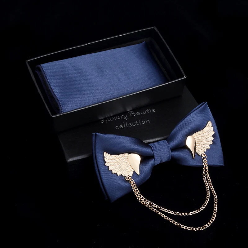 Navy Blue JEMYGINS Оригинальные металлические золотые крылья два слоя шеи галстук-бабочка сплошной галстук-бабочка Мужская Мода Регулируемая бабочка Карманный платок коробка набор - Цвет: Navy Blue