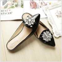 rushiman brand 2021 patent leather rhinestone pointed toe flat woman slippers baotou loafers mules flip flops
