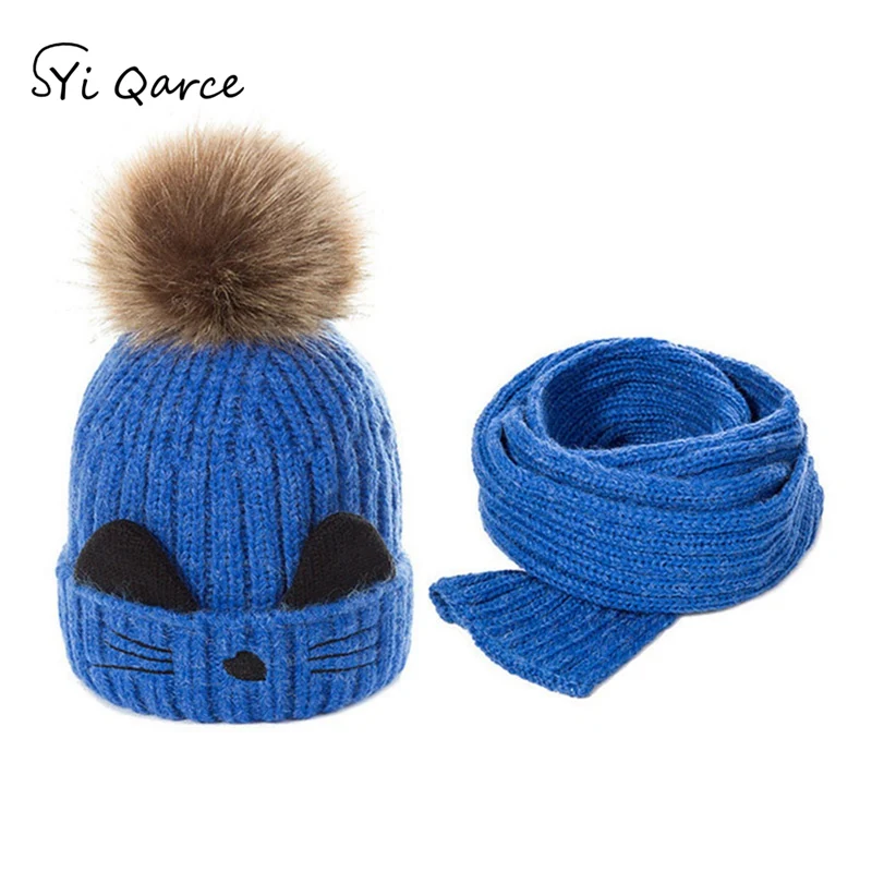 Dark Blue SYi Qarce, комплект из 2 предметов, детская теплая осенне-зимняя вязаная шапка с шарфом, Skullies Beanies для мальчиков и девочек, рождественский подарок, NT034-40 - Цвет: Dark Blue