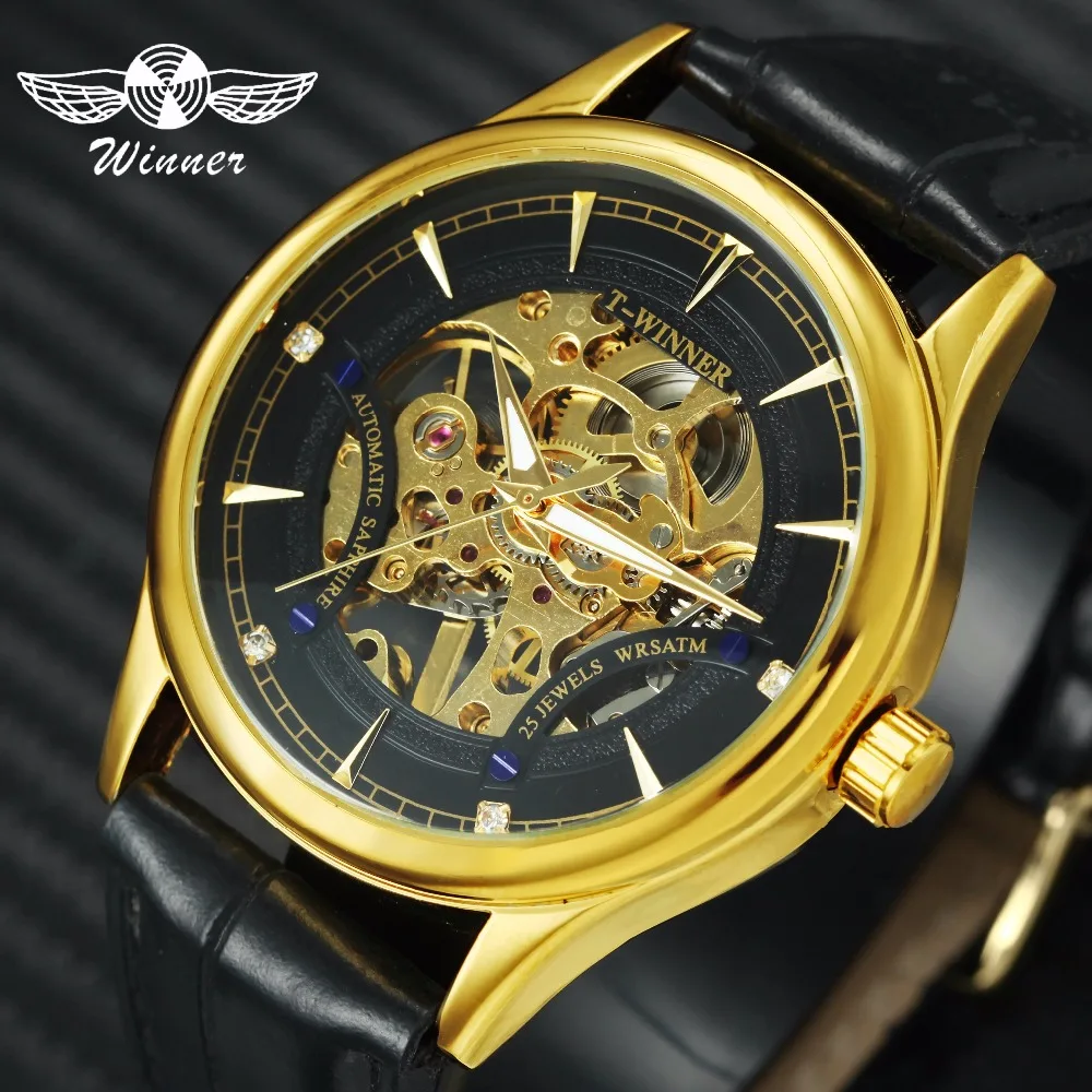 WINNER официальные модные повседневные черные механические часы для мужчин кожаный