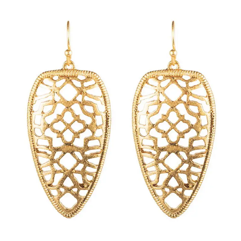 

Fashion Brand Jewelry Designer Inspired Cutout Hollow Polished Metallic Leaves Teardrop Dangle Drop Statement Earrings for Women