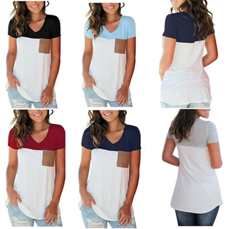 5xl Women 2018 New Summer Fashion T-shirt V-Neck Short Sleeve Patchwork Pocket Loose T shirts Female Casual Tops Tees plus size | Женская