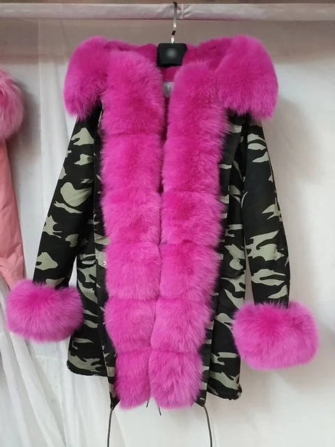 Furlove, Женское зимнее пальто, верхняя одежда, теплое, натуральный, большой, енот, меховой воротник, натуральный мех, парка, искусственный мех, подкладка, армейский зеленый, парки - Цвет: color 5 fox fur