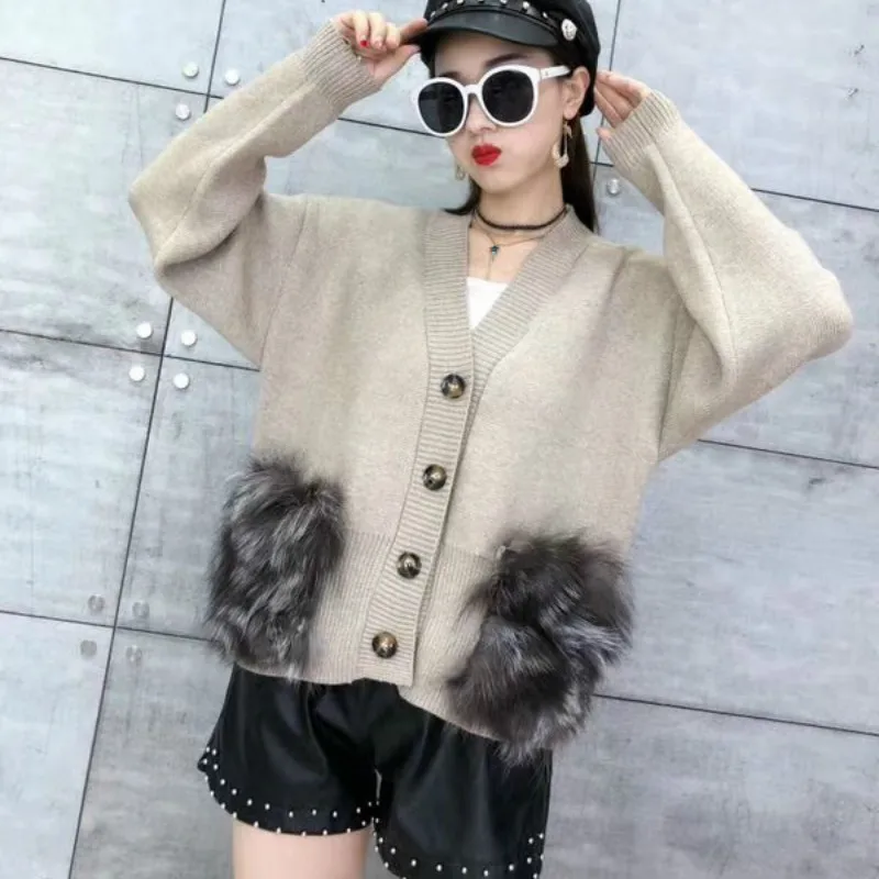 Elegant Autumn Winter Women's Faux Fur Double Pockets V-neck Knitted Cardigan Single-breasted Sweater Coat Long Sleeve OL Tops |
