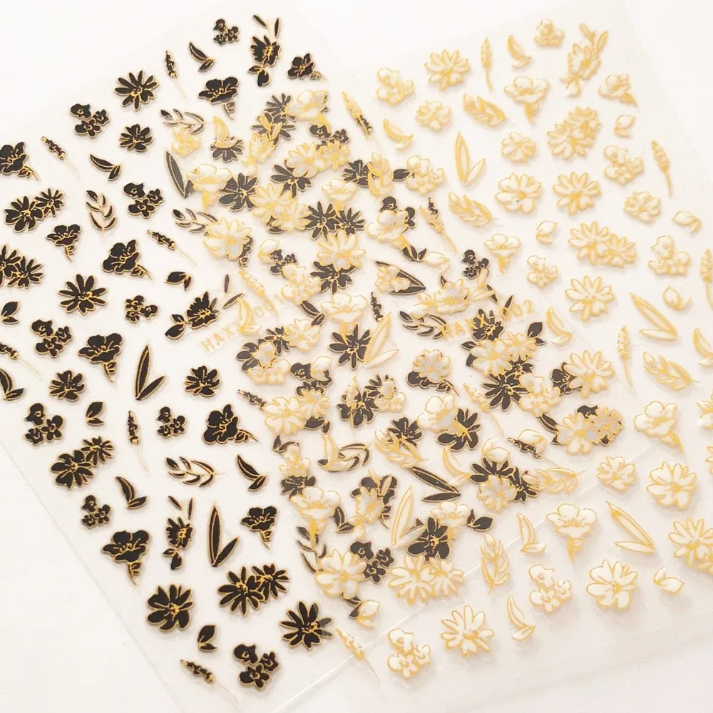 

Newest HANYI-002 golden flower design 3d nail sticker self adhesive decals DIY decorations tools
