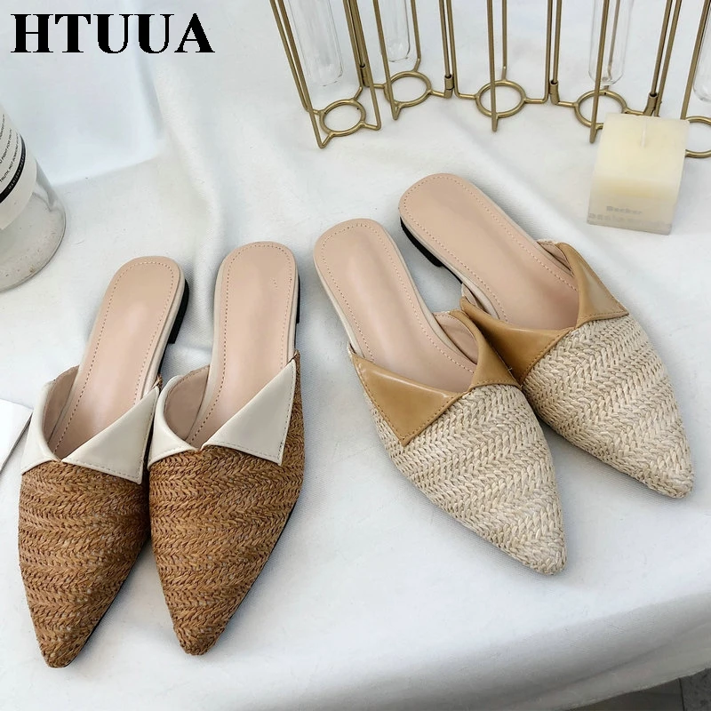 HTUUA/Новинка 2019 года женские шлепанцы плетеные туфли без задника с острым носком