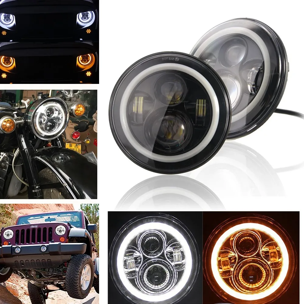 

2pcs Auto Wrangler JK 7inch Halo Car Accessories 7" Angel Eyes H4 Led Headlight For Lada Niva 4X4 Uaz Hunter Jeep