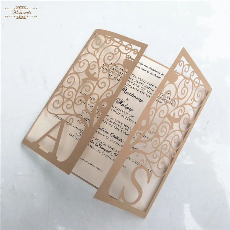 

Unique custom intials tree laser cut champagne gold wedding invitations