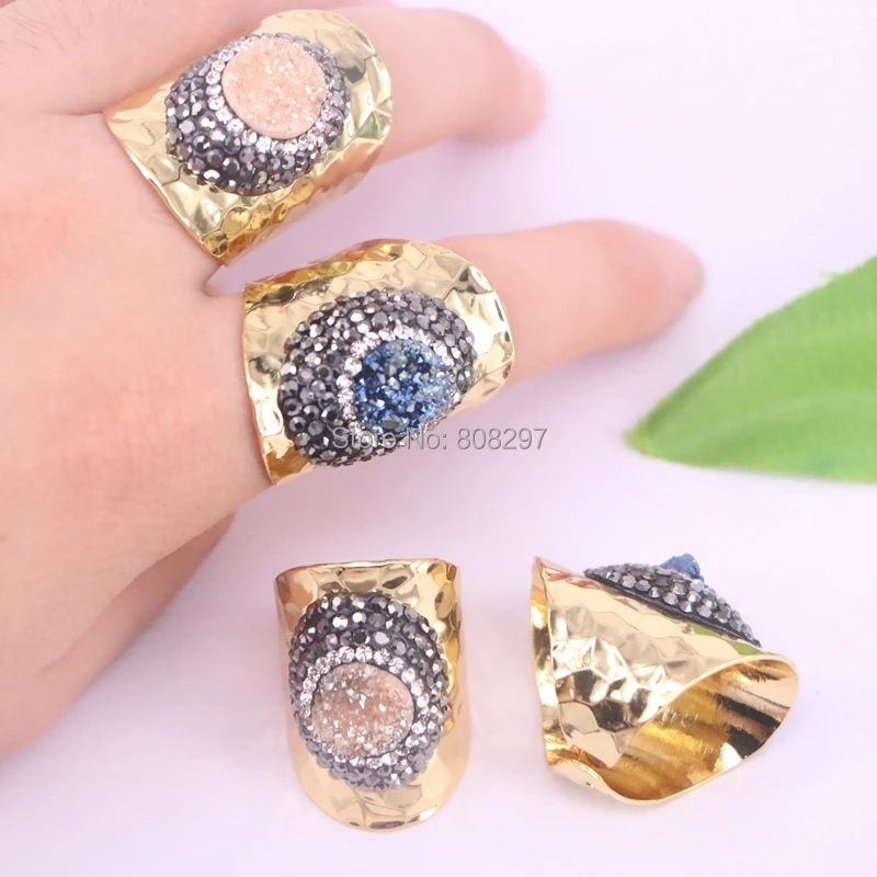 5 шт Pave Rhinestone Друза титана натуральный кристалл золото цвет кольца для женщин