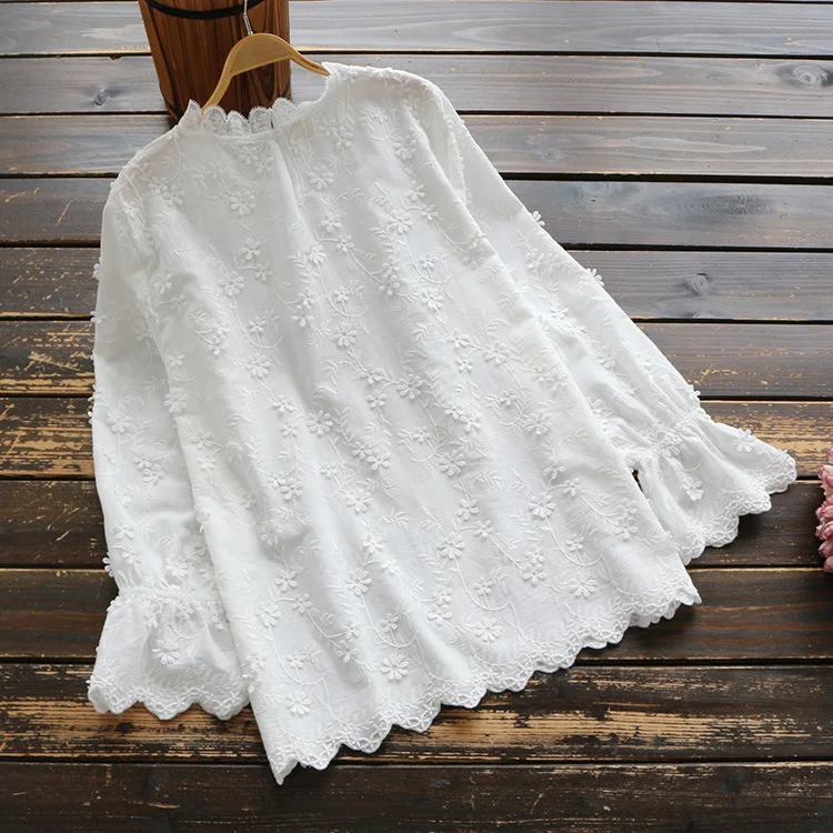 

Surface flower Sweet Princess lace collar long sleeve white shirt blouse female 2019