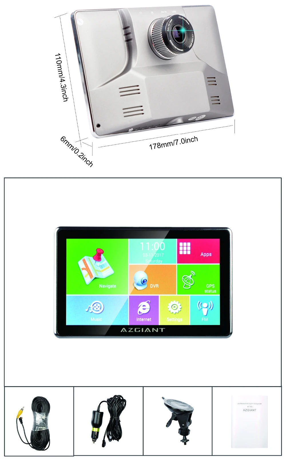 AZGIANT " Blutooth WiFi Автомобильный навигатор для грузовиков gps DVR SAT планшет сенсорный экран Android водительский рекордер карта жизни 16 Гб NT-80