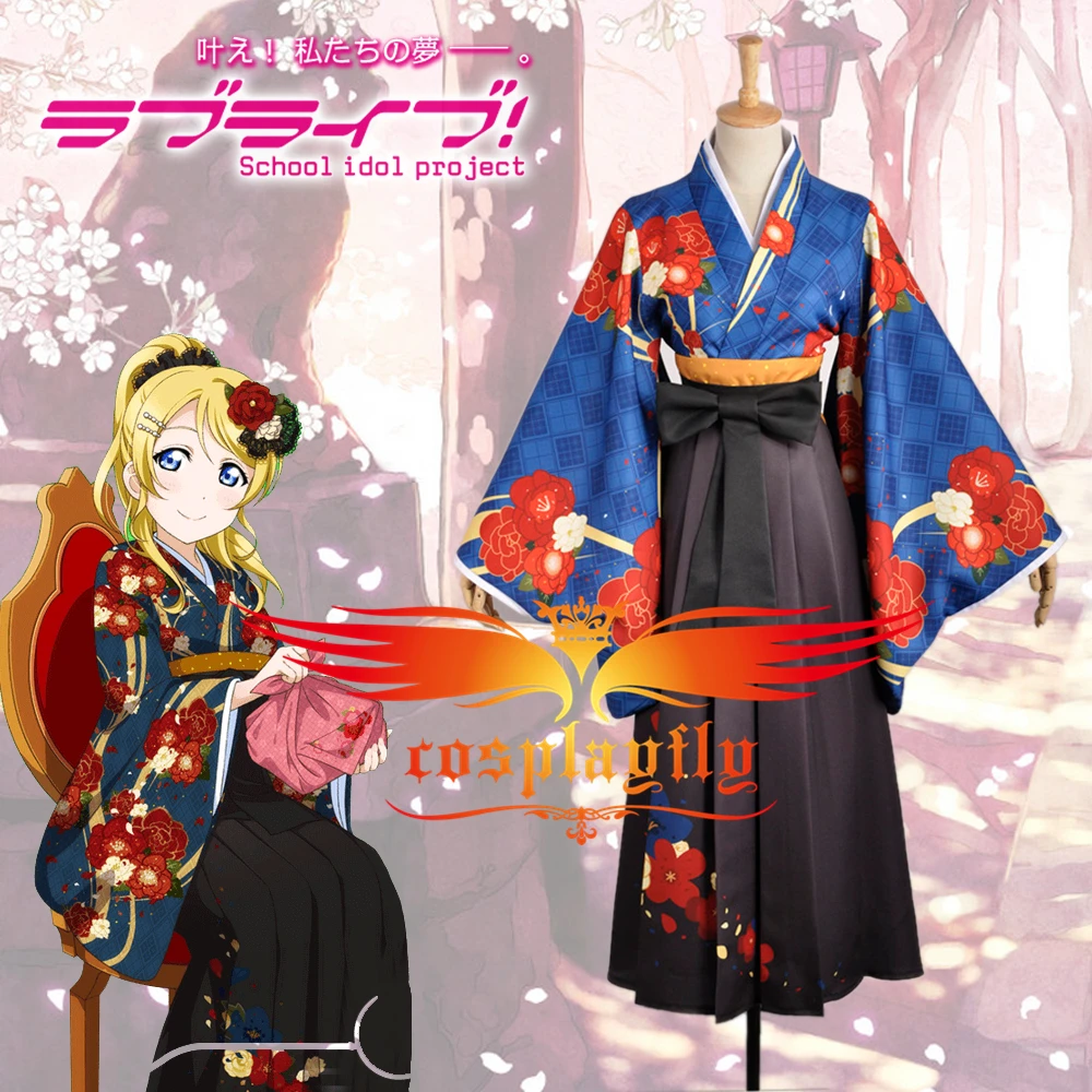 Аниме Love Live! Eli Ayase Taisho кимоно непробужденный синий Печатный карнавальный костюм