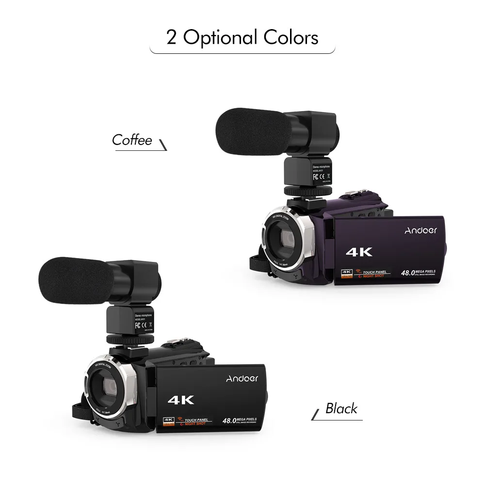 Andoer Цифровая видеокамера 4K 1080P 48MP WiFi регистратор с внешним микрофоном Novatek