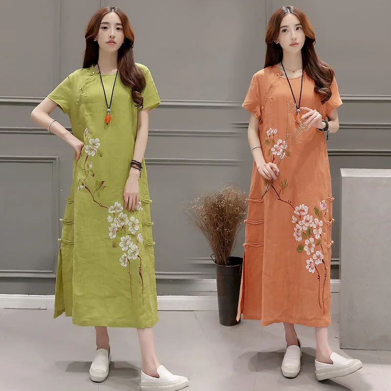 Платье женское из хлопка и льна с принтом повседневное льняное свободное