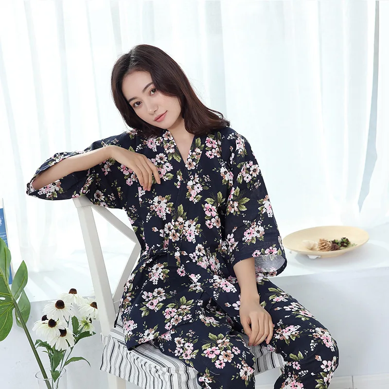 Пижама-кимоно из 100% хлопка японская женская тонкая Пижама с треугольным вырезом