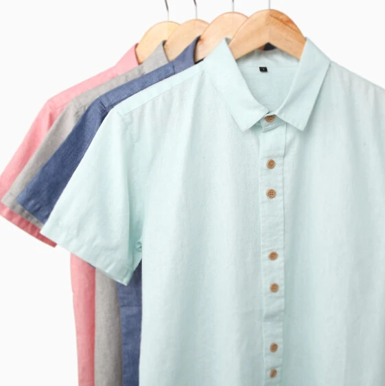 Мужчины в гавайский чистый лён короткий рукав рубашки мужчины приталенный