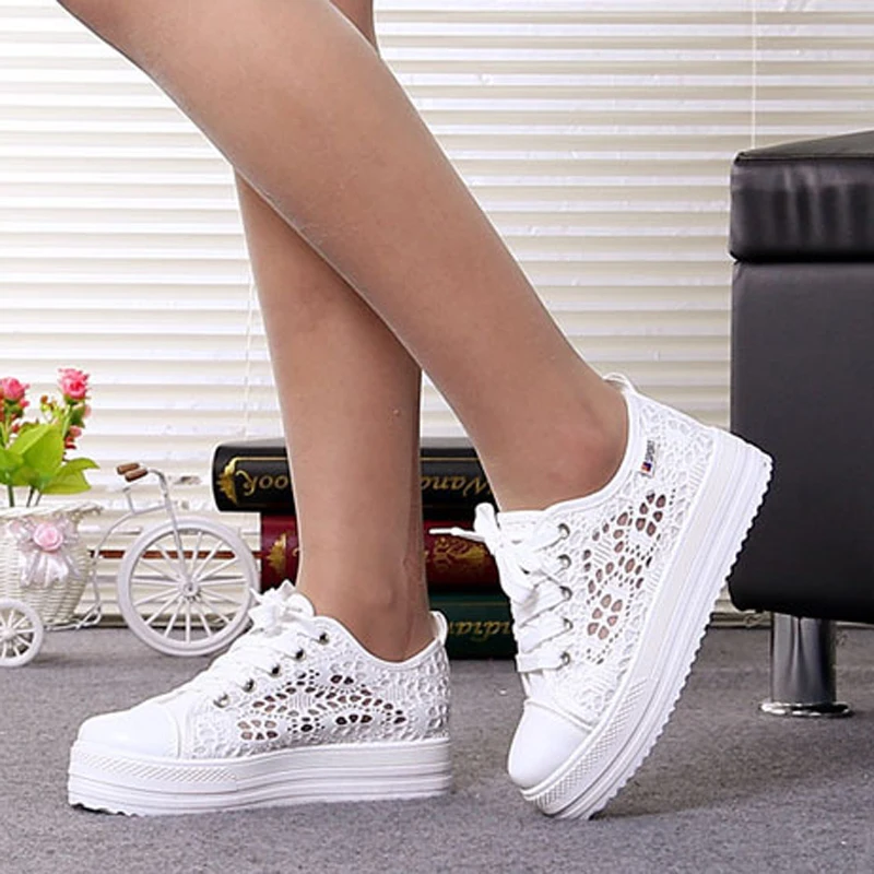 Nice Summer New Women Shoes Casual Cutouts Lace Canvas Hollow-Out Floral Breathable Platform Flat Shoe Black White | Обувь