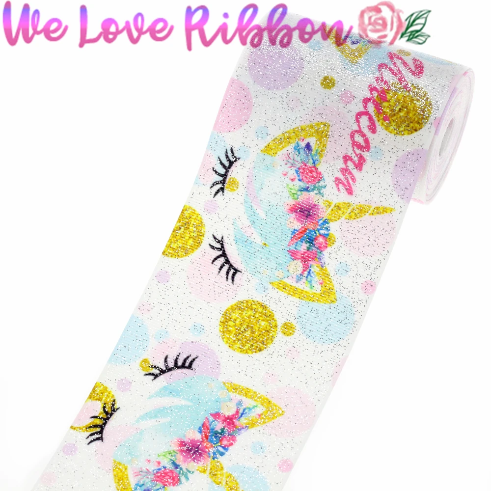 3 &quot75 мм милый Единорог узоры красочные точки печатных Grosgrain ленты полный блеск