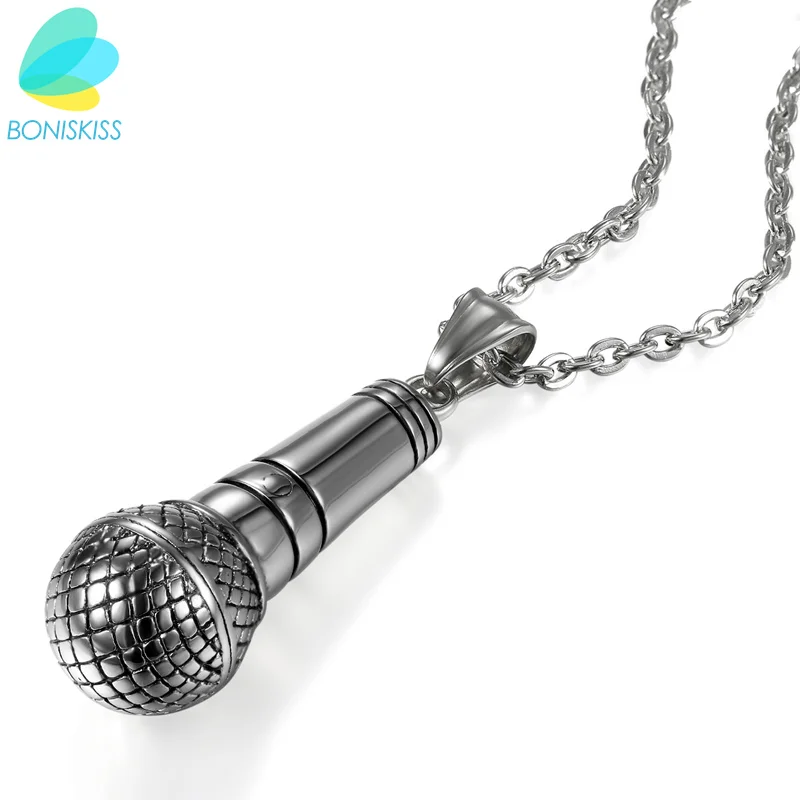 

Boniskiss Hip Hop Silver Color Stainless Steel Ice Out Bling Music Stereoscopic Microphone Pendants Necklace For Men Jewelry