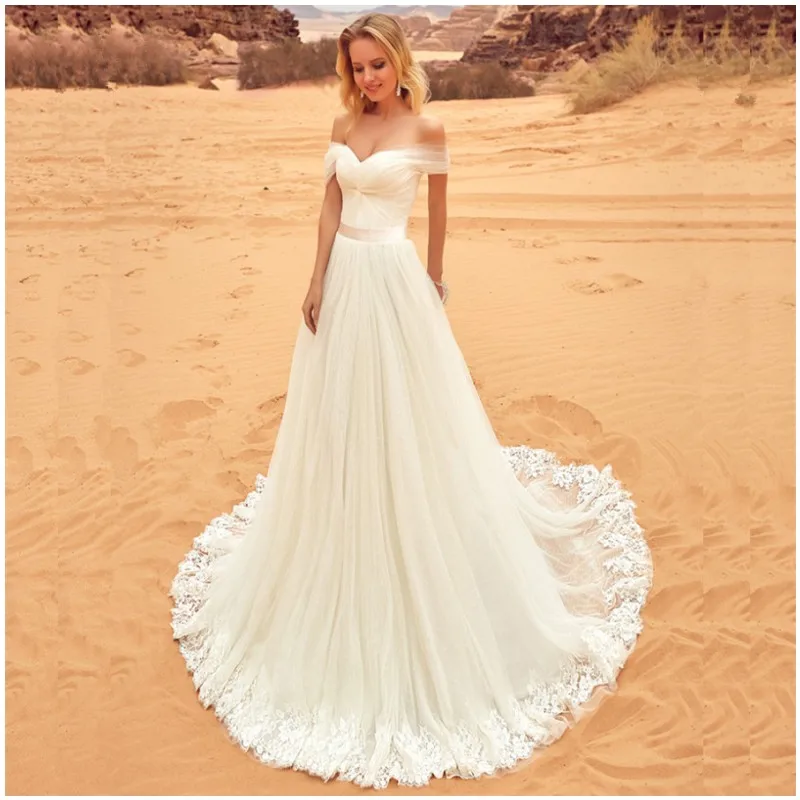 Сексуальная С Плеча Летний Пляж Свадебные Платья 2017 В Шеи Кружева Развертки