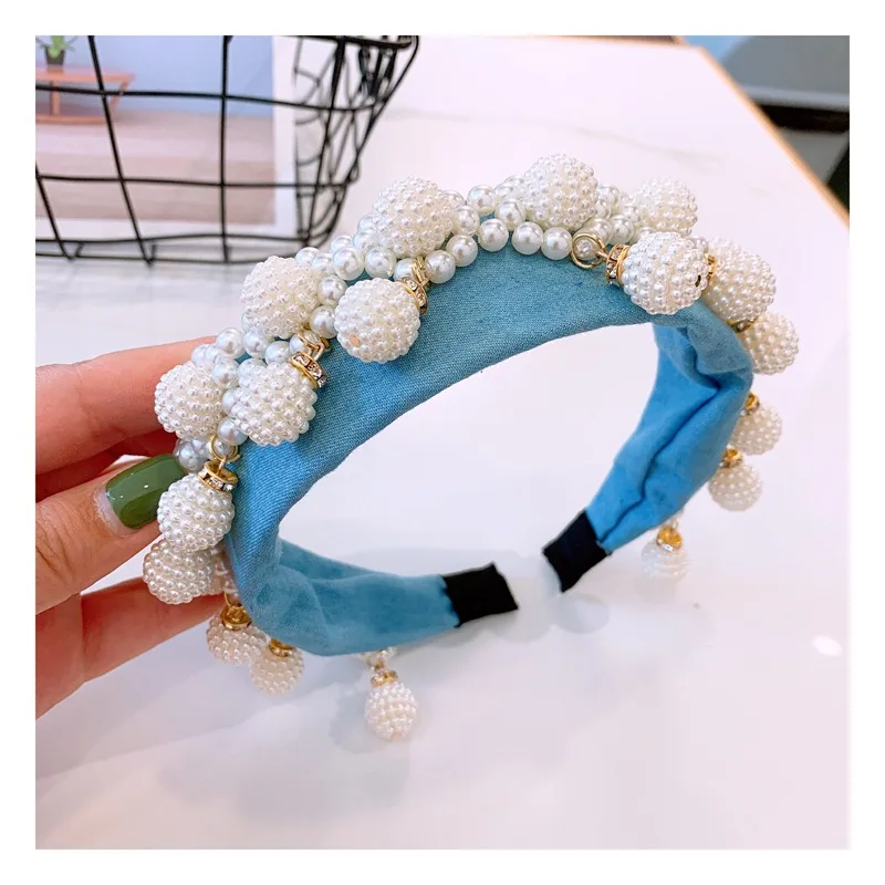 Luxury Denim Wide Pearl Headbands Baroque Ball Pendant Crown Blue Turban Party Show Hairbands Gifts for Women