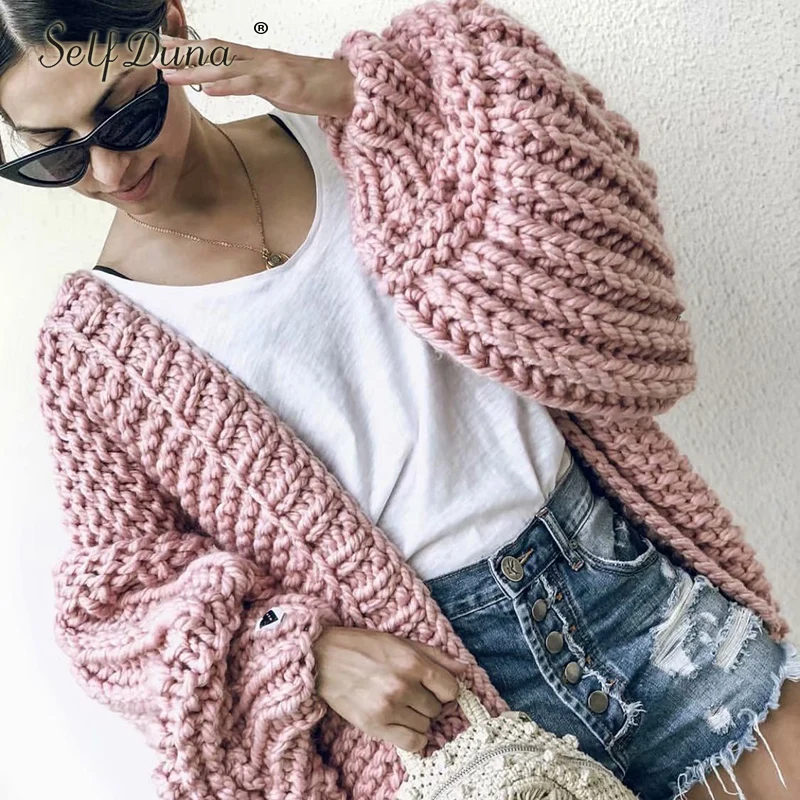 Self Duna 2019 Autumn Winter Hand Knitted Cardigan Warm Thick Sweater Coat Pull Femme Cute Tricot Pink Women Jumper |