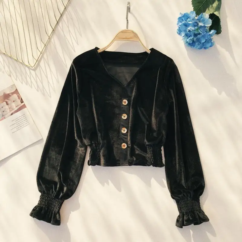 Женская винтажная бархатная блузка ALPHALMODA с длинными рукавами и V образным