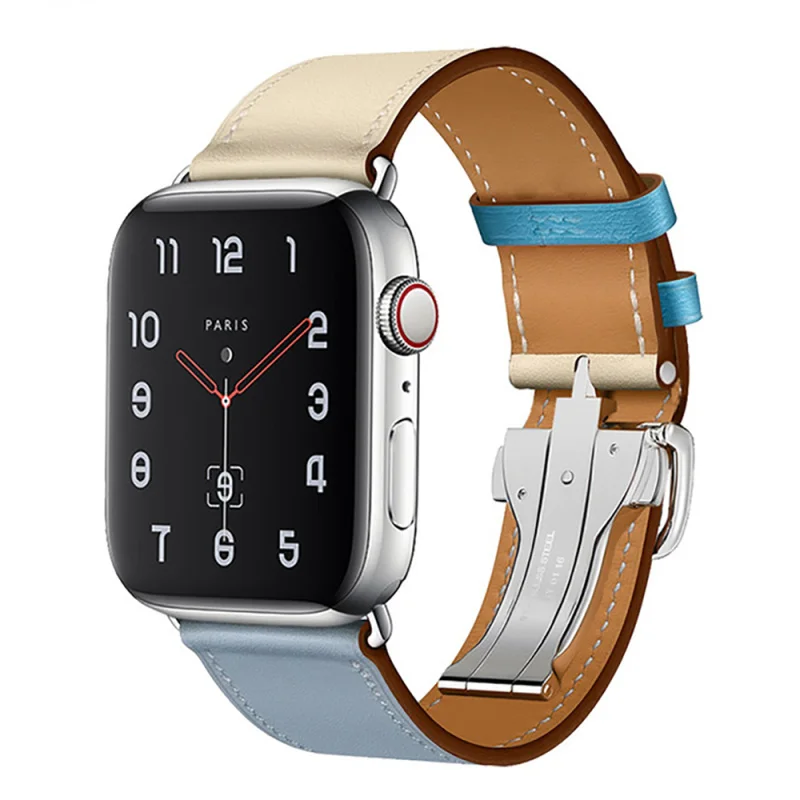 Высококлассный складной ремешок из натуральной кожи с пряжкой для Apple Watch 44 мм 42 мм 38 мм 40 мм браслет из натуральной кожи для iWatch 4 3 2 1 ремешок - Цвет ремешка: Blue Beige