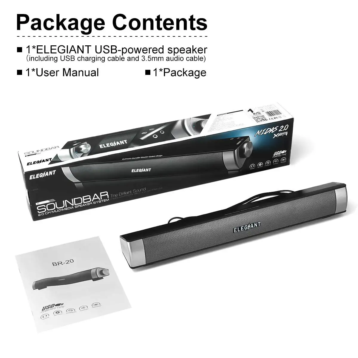 ELEGIANT Portable USB Speakers Subwoofer Stereo Surround Soundbar Music Player for Computer Desktop Laptop PC TV Phone Sound Bar