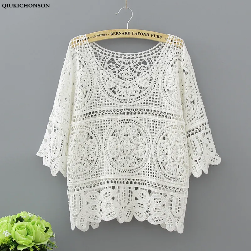 

Qiukichonson Vintage Hook Flower Hollow Out Plus Size Tshirt Women Summer Knitted cotton Tees Half Sleeve O-Neck Loose Short Top