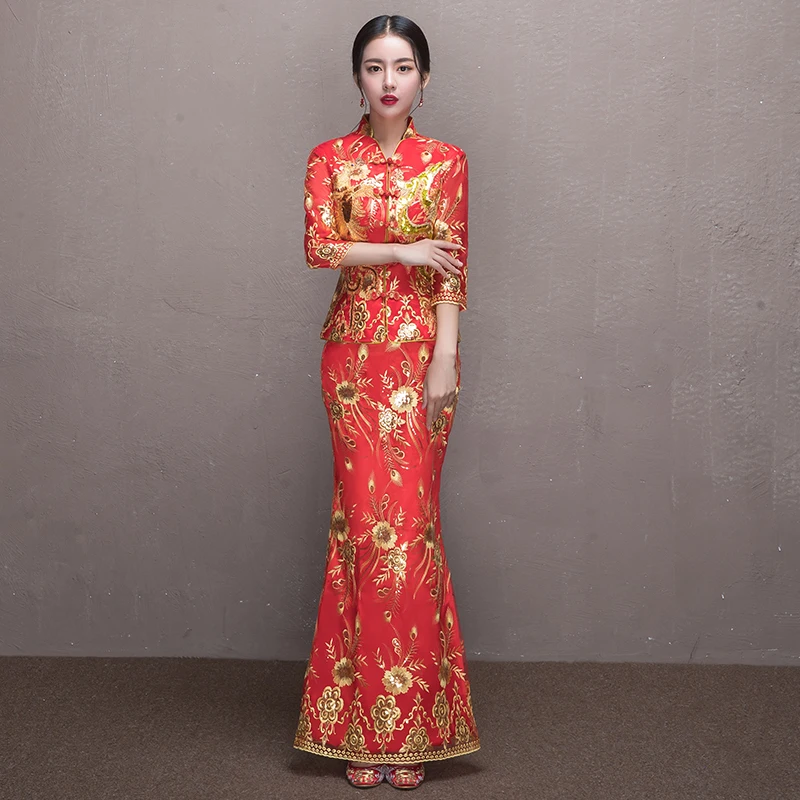 

Bride Wedding Qipao Long Cheongsam Chinese Traditional Dress Slim Retro QiPao Embroidered Toast Clothing Fishtail Cheongsam