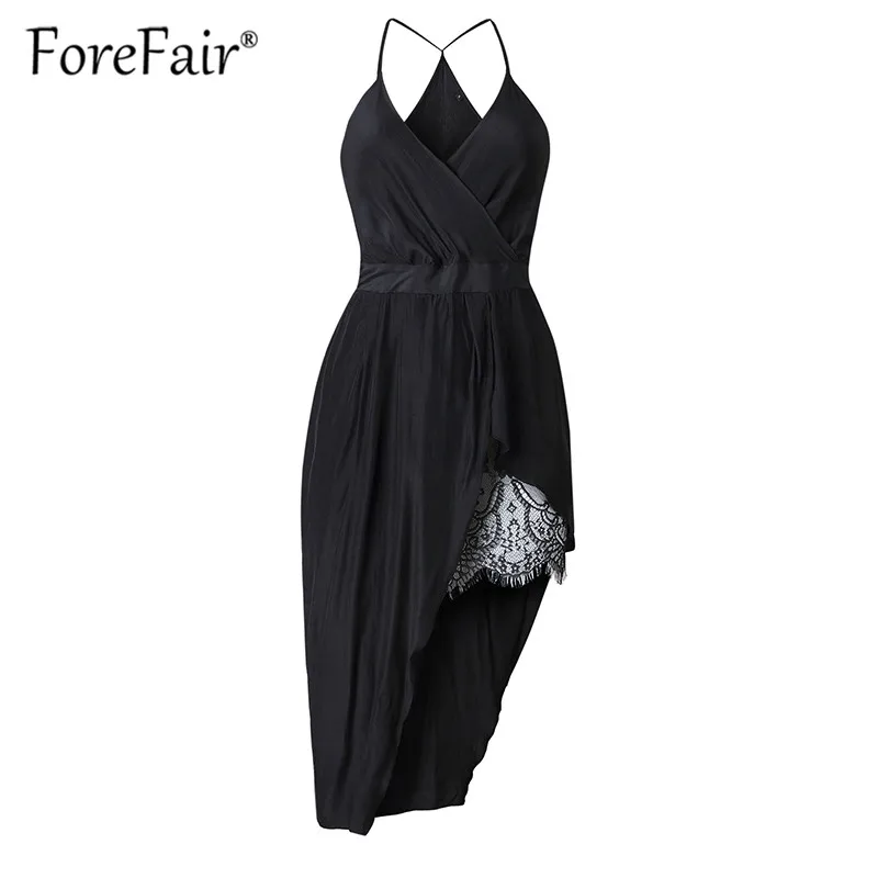 Forefair, летнее черное сексуальное платье, женская одежда, без рукавов, с открытой спиной, с v-образным вырезом, с запахом, из кусков, кружевное, с разрезом, на бретелях, платья для вечеринок
