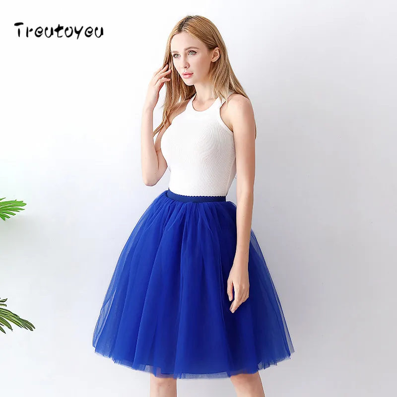 Royal Blue 6 слоев миди Тюлевая юбка высокая талия пачка цвета шампань юбки женские Лолита юбка эластичный пояс Лето faldas saia jupe - Цвет: Royal Blue