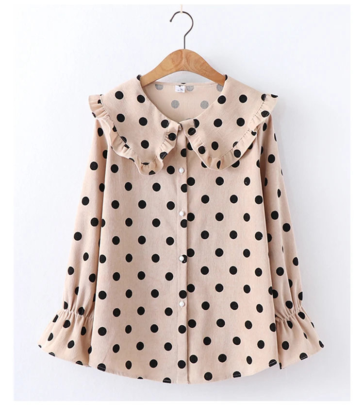 Blusas Femininas Япония Mori girl Блузка с оборками для женщин кукольный воротник в горошек Топы и блузки вельветовые свободные рубашки