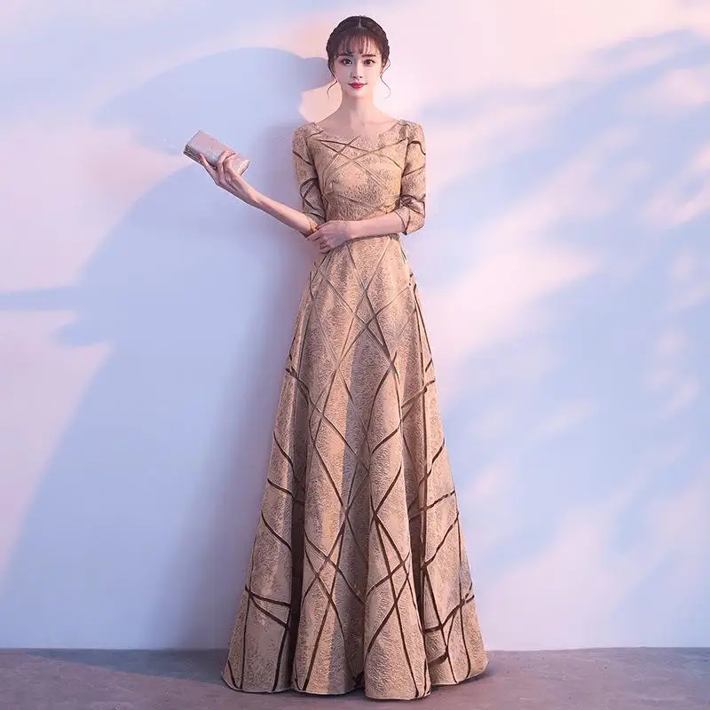Floor Length Elegant Lady Evening Dress Robe De Soiree 3/4 Sleeve Formal Party Dresses A-Line Prom Gowns Plus Size 3XL - Цвет: Золотой