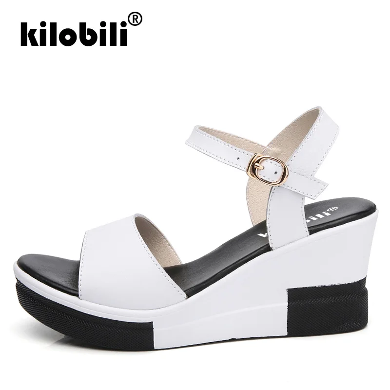 Kilobili/2018 г. летние женские сандалии на плоской подошве танкетке кожаные