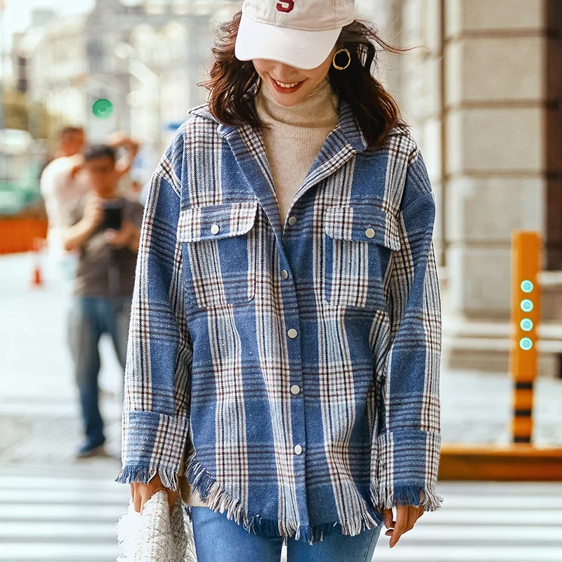 NANASTYLE Женская мода 2018 г. Повседневная рубашка Топ осень зима синий плед Chic с
