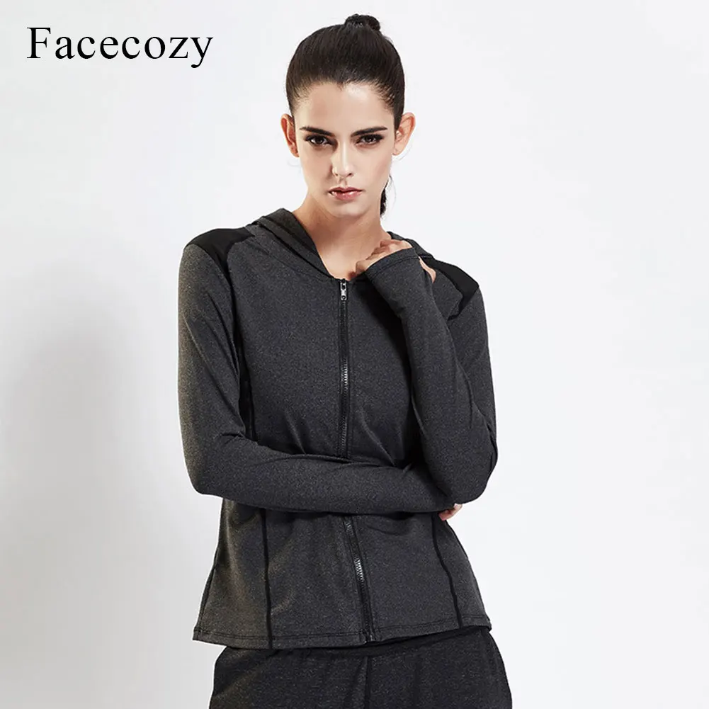 Gray Black Facecozy, Женская Весенняя Толстовка с длинным рукавом, Толстовка для йоги, быстросохнущая, дышащая, для девушек, для бега, спортивные топы, Женская куртка для фитнеса - Цвет: Gray Black