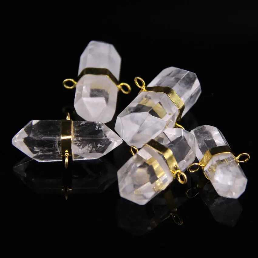 5pcs/lot Natural Clear Crystal Quartz Faceted Double Point Pendants Gold Plateds Stone Gems Hexagon Points Connectors | Украшения и