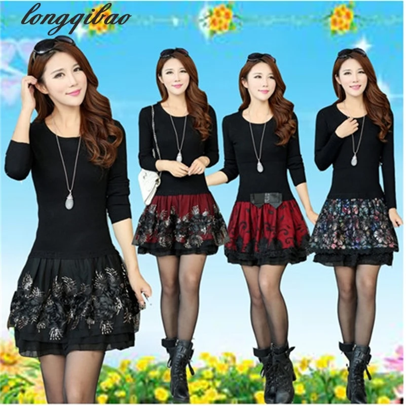 Женское облегающее платье-свитер с кружевом весна-осень 2017 | Женская одежда