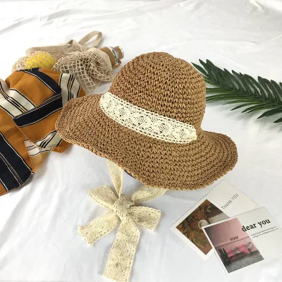 

Adult female girl foldable handmade straw hat summer lace straps big hat seaside sun hat sunscreen holiday beach hat 2MZ46