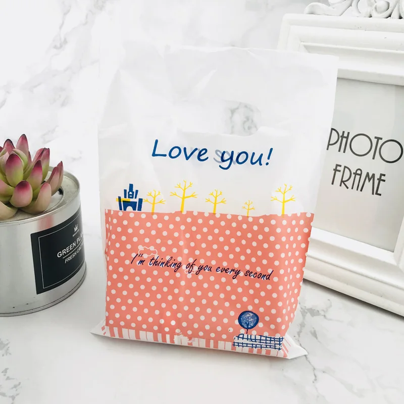 

15x20cm Love you Print Pink Whtie Dot Plastic Gift Bag With Handles 100pcs Cute White Plastic Shopping Gift Handle Pouches