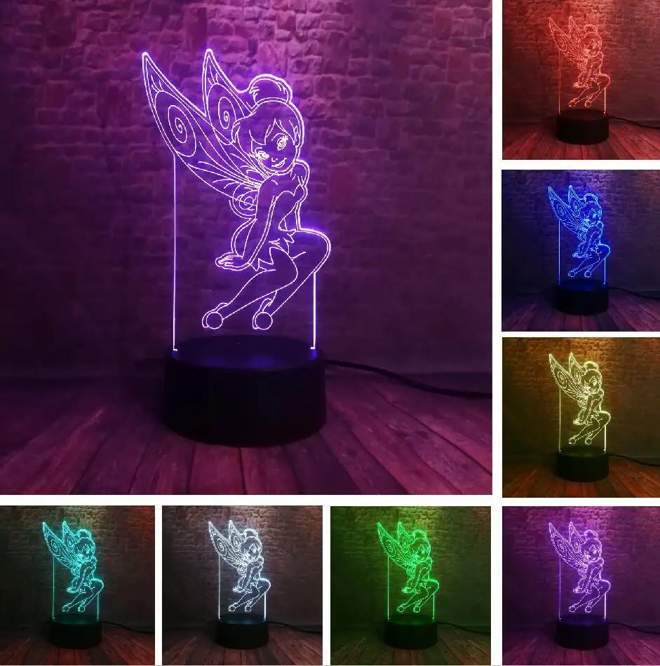 Touch One 7 Color Мультфильм 3D редкий Питер Пэн фея Динь Снежинка принцесса Динь-Динь 7 цветов Изменение фигурки RGB Ночной светильник ребенок Gif - Испускаемый цвет: Touch One 7 Color