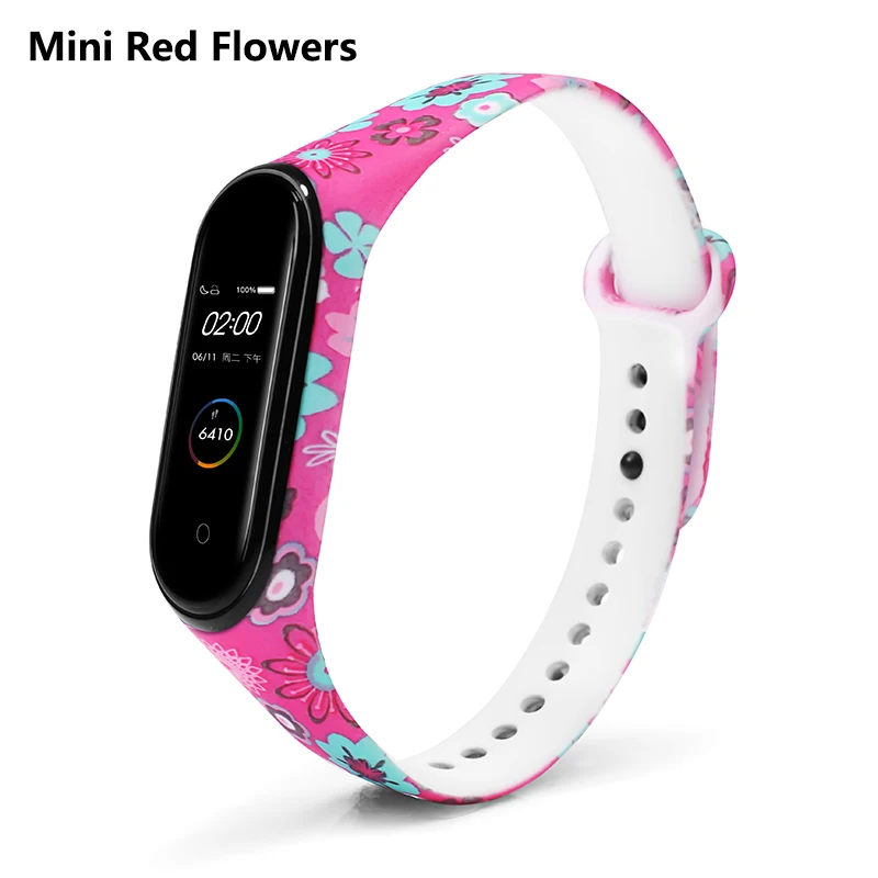 Mini Red Flowers BOORUI Mi band 4 ремешок для xiaomi mi band 4 аксессуары pulsera inteligente силиконовый пояс с цветами Замена для m4 band - Цвет: Mini Red Flowers